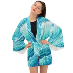 Blue Ocean Wave Watercolor Ii Long Sleeve Kimono by GardenOfOphir