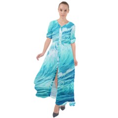 Blue Ocean Wave Watercolor Ii Waist Tie Boho Maxi Dress by GardenOfOphir