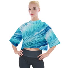 Blue Ocean Wave Watercolor Ii Mock Neck Tee by GardenOfOphir