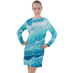 Blue Ocean Wave Watercolor Ii Long Sleeve Hoodie Dress by GardenOfOphir