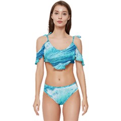 Blue Ocean Wave Watercolor Ii Ruffle Edge Tie Up Bikini Set	