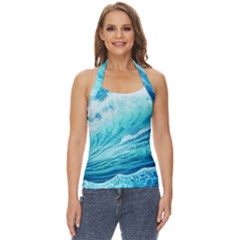 Blue Ocean Wave Watercolor Ii Basic Halter Top by GardenOfOphir