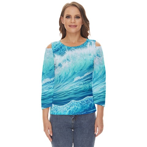 Blue Ocean Wave Watercolor Ii Cut Out Wide Sleeve Top by GardenOfOphir