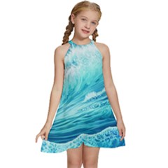 Blue Ocean Wave Watercolor Ii Kids  Halter Collar Waist Tie Chiffon Dress by GardenOfOphir