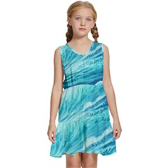 Blue Ocean Wave Watercolor Ii Kids  Sleeveless Tiered Mini Dress by GardenOfOphir