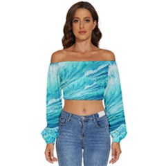 Blue Ocean Wave Watercolor Ii Long Sleeve Crinkled Weave Crop Top