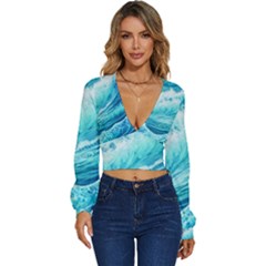 Blue Ocean Wave Watercolor Ii Long Sleeve Deep-v Velour Top by GardenOfOphir