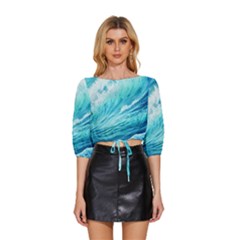 Blue Ocean Wave Watercolor Ii Mid Sleeve Drawstring Hem Top