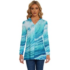 Blue Ocean Wave Watercolor Ii Long Sleeve Drawstring Hooded Top