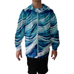 Abstract Blue Ocean Waves Kids  Hooded Windbreaker