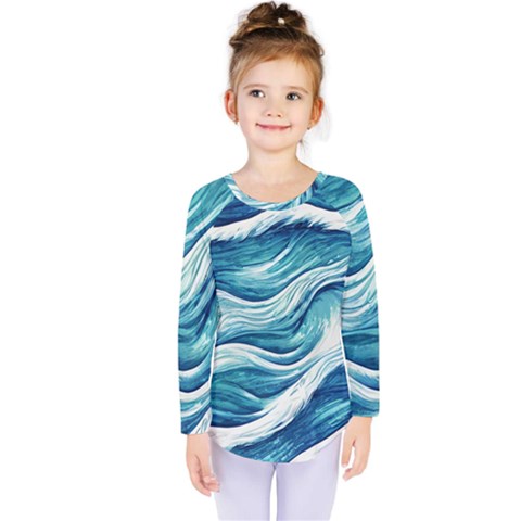 Abstract Blue Ocean Waves Kids  Long Sleeve Tee by GardenOfOphir