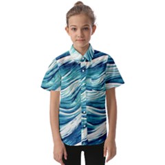 Abstract Blue Ocean Waves Kids  Short Sleeve Shirt by GardenOfOphir