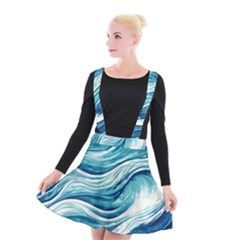 Abstract Blue Ocean Waves Suspender Skater Skirt