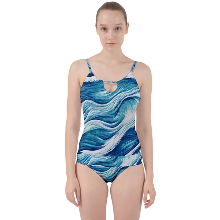 Abstract Blue Ocean Waves Cut Out Top Tankini Set