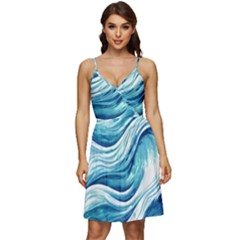 Abstract Blue Ocean Waves V-Neck Pocket Summer Dress 