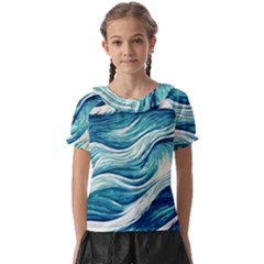 Abstract Blue Ocean Waves Kids  Frill Chiffon Blouse