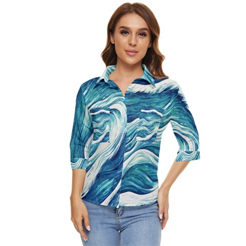 Abstract Blue Ocean Waves Women s Quarter Sleeve Pocket Shirt by GardenOfOphir