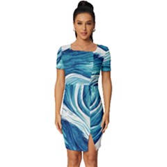 Abstract Blue Ocean Waves Fitted Knot Split End Bodycon Dress