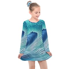 Summer Ocean Waves Kids  Long Sleeve Dress by GardenOfOphir