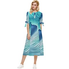 Summer Ocean Waves Bow Sleeve Chiffon Midi Dress by GardenOfOphir