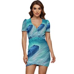 Summer Ocean Waves Low Cut Cap Sleeve Mini Dress