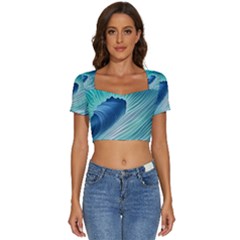 Summer Ocean Waves Short Sleeve Square Neckline Crop Top 