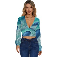 Summer Ocean Waves Long Sleeve Deep-v Velour Top