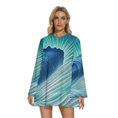 Summer Ocean Waves Round Neck Long Sleeve Bohemian Style Chiffon Mini Dress