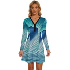 Summer Ocean Waves Long Sleeve Deep V Mini Dress 