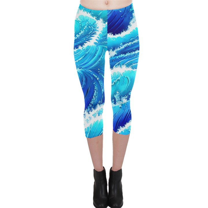 Simple Blue Ocean Wave Capri Leggings 