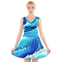 Simple Blue Ocean Wave V-neck Sleeveless Dress by GardenOfOphir