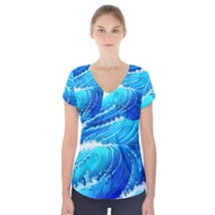 Simple Blue Ocean Wave Short Sleeve Front Detail Top by GardenOfOphir