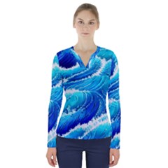 Simple Blue Ocean Wave V-neck Long Sleeve Top by GardenOfOphir