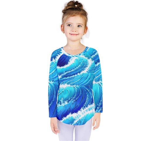 Simple Blue Ocean Wave Kids  Long Sleeve Tee by GardenOfOphir