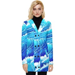 Simple Blue Ocean Wave Button Up Hooded Coat  by GardenOfOphir