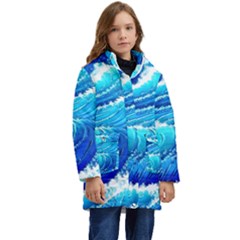 Simple Blue Ocean Wave Kid s Hooded Longline Puffer Jacket by GardenOfOphir