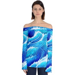 Simple Blue Ocean Wave Off Shoulder Long Sleeve Top by GardenOfOphir