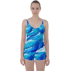 Simple Blue Ocean Wave Tie Front Two Piece Tankini by GardenOfOphir