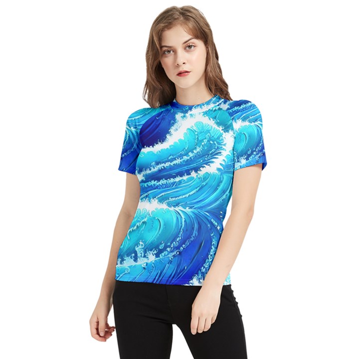 Simple Blue Ocean Wave Women s Short Sleeve Rash Guard