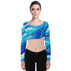 Simple Blue Ocean Wave Velvet Long Sleeve Crop Top by GardenOfOphir