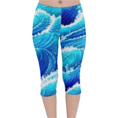 Simple Blue Ocean Wave Velvet Capri Leggings  by GardenOfOphir