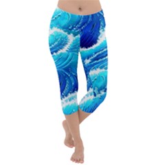 Simple Blue Ocean Wave Lightweight Velour Capri Yoga Leggings by GardenOfOphir