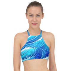 Simple Blue Ocean Wave Racer Front Bikini Top by GardenOfOphir