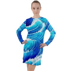 Simple Blue Ocean Wave Long Sleeve Hoodie Dress by GardenOfOphir