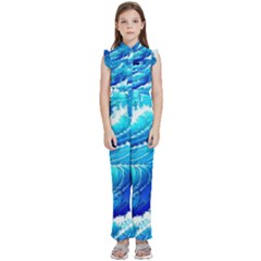 Simple Blue Ocean Wave Kids  Sleeveless Ruffle Edge Band Collar Chiffon One Piece