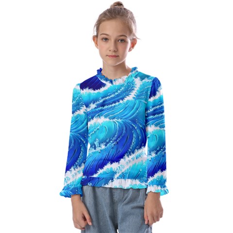 Simple Blue Ocean Wave Kids  Frill Detail Tee by GardenOfOphir