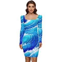 Simple Blue Ocean Wave Women Long Sleeve Ruched Stretch Jersey Dress by GardenOfOphir