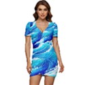 Simple Blue Ocean Wave Low Cut Cap Sleeve Mini Dress View1