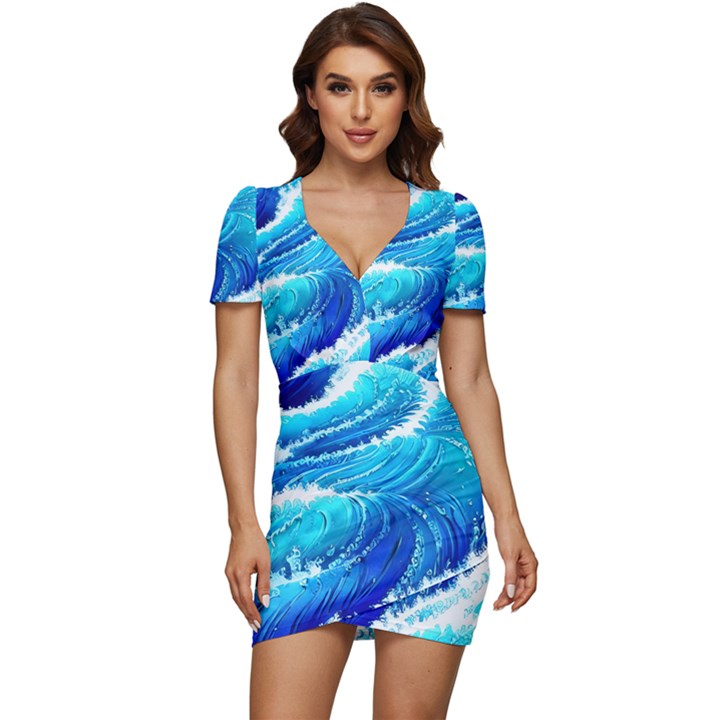 Simple Blue Ocean Wave Low Cut Cap Sleeve Mini Dress