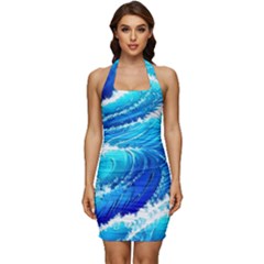 Simple Blue Ocean Wave Sleeveless Wide Square Neckline Ruched Bodycon Dress